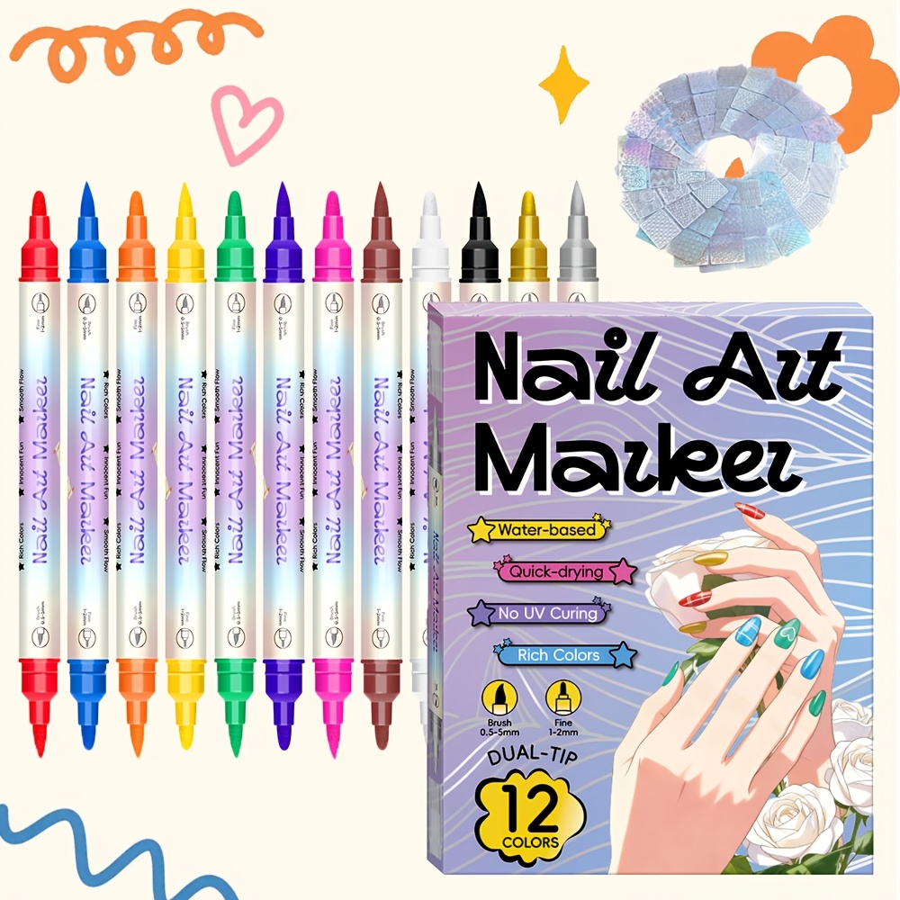 Copic Marker Sketch - 12-Farben-Nagelkunst-Stiftset mit 24 Schablonen, Doppelseitiger Nagelzeichnungsmarker,